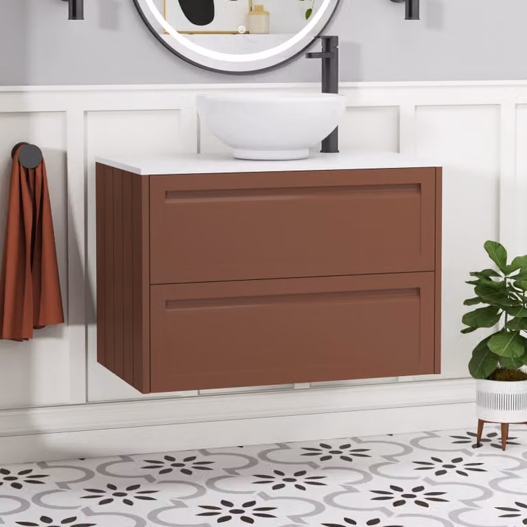 Royal Bathrooms Elmore Wall Hung Vanity Unit with 2 Drawers, Terracotta Clay and White Worktop, Breeze Basin, Width: 80 cm