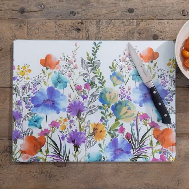Creative Tops Meadow Floral Rectangular Glass Work Surface Protector in Purple and Multicolour