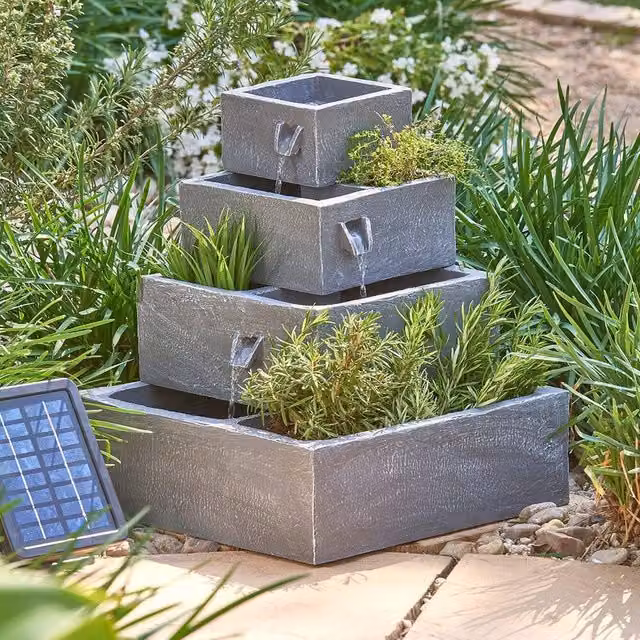 Primrose Perth 4-Tier Solar Powered Cascading Herb Planter Water Feature in Grey Stone, Height: 42 cm