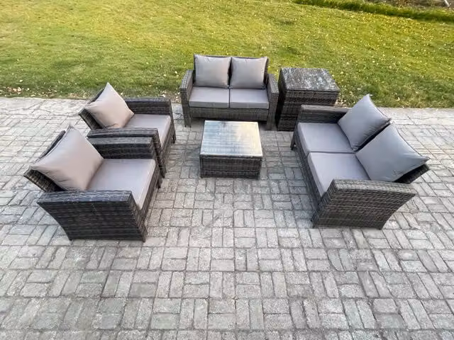 Fimous 6 Seater Rattan Garden Furniture Set with Square Coffee Table and Side Table in Dark Grey