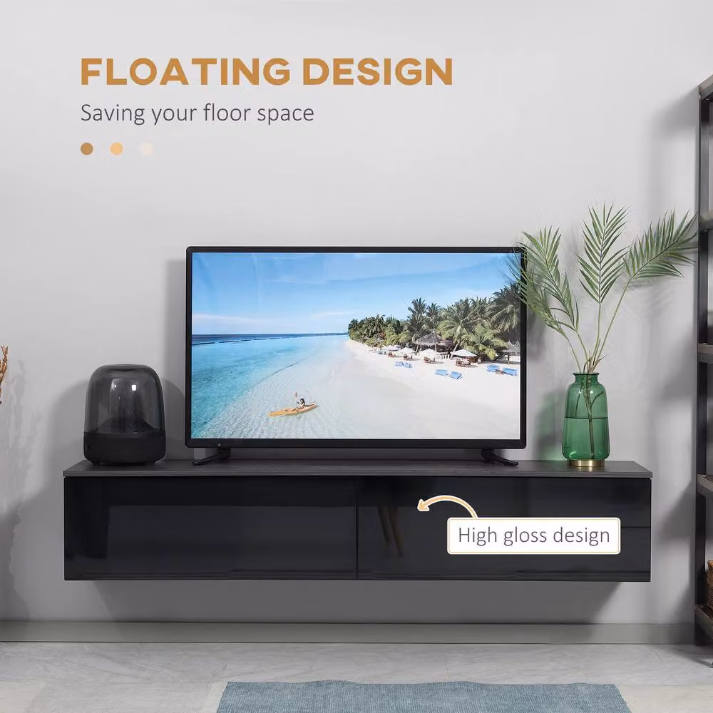 STILVORA Modern Glossy Black Floating TV Unit with 2 Cupboards – 5