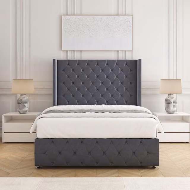 BSSPOKE Ruby Divan Bed Set with 54 inch Headboard and Mattress in Charcoal Grey Plush Velvet, King Size, W/D/H: 180 x 200 cm