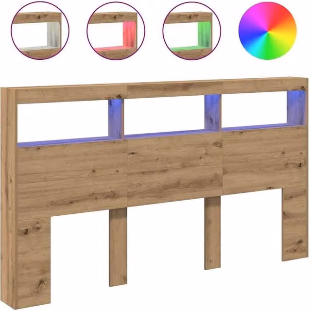 Berkfield Home Artisan Oak Headboard Cabinet with LED Lighting and USB Charging Port, Brown, W: 180 cm, D: 17 cm, H: 102 cm