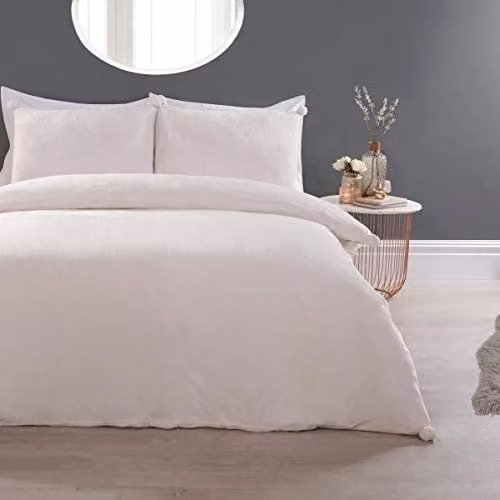 Sleepdown Pom Pom Beige Flannel Duvet Cover and Pillowcase Bedding Set, Single, W/D/H: 135 x 200 cm and 50 x 75 cm – 1