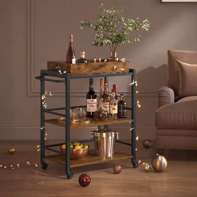 VASAGLE Rustic Kitchen Serving Cart with Removable Tray in Bronze