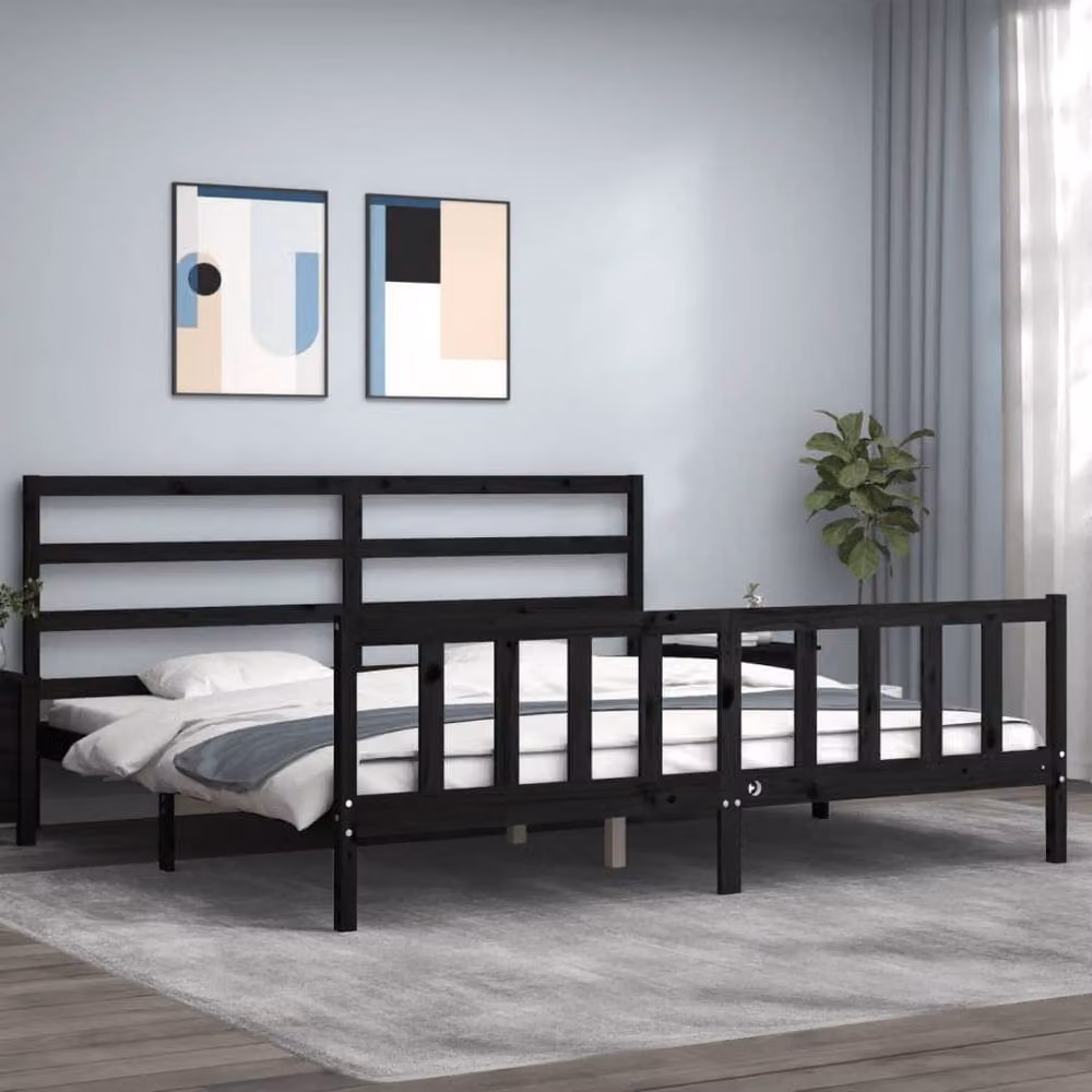 Berkfield Home Solid Wood Pine Bed Frame with Headboard in Black, 200 x 200 cm – 2