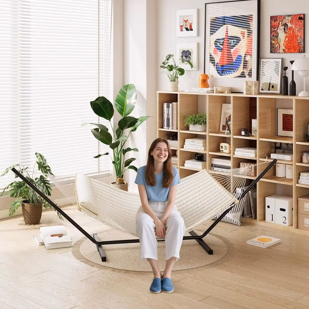 London Boutique Double Hammock with Stand and Removable Pad in Beige – 3