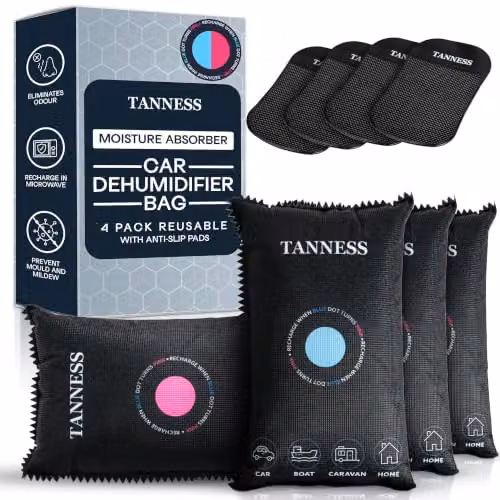 Tanness Reusable Car Dehumidifier Bag with Moisture Indicator, Black, 4 Pack x 400g