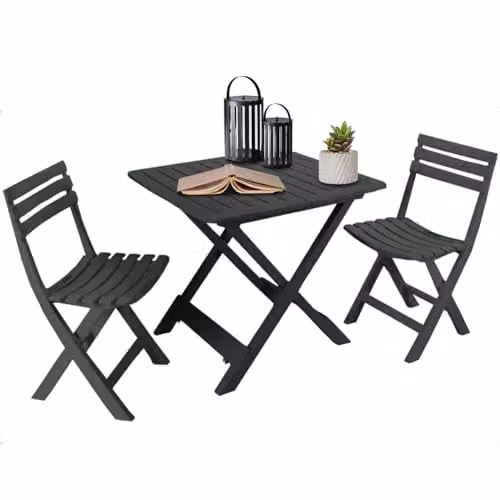 idooka 3 Piece Outdoor Bistro Furniture Set with Folding Table and Two Chairs in Grain Wood Effect Anthracite Grey