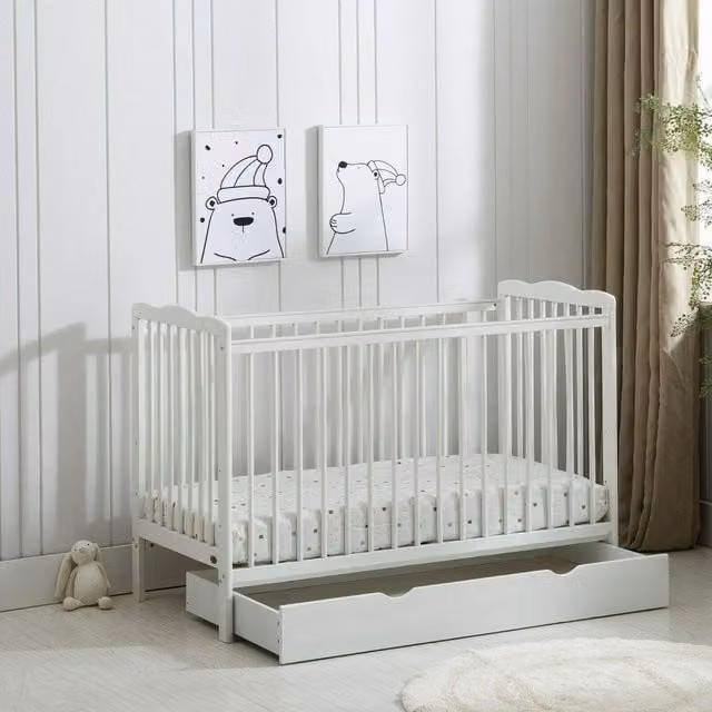 MCC Direct CozyCubs Brooklyn Wooden Baby Cot Bed with Mattress and Drawer in White