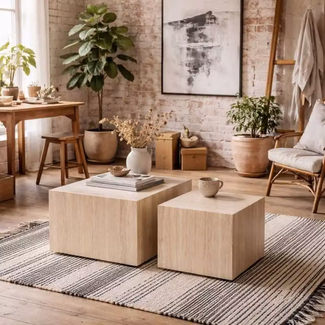 Wyld Haus Munkebo Set of 2 Square Nested Coffee Tables in Natural Travertine Finish