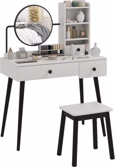 ERGOVEXA Modern Dressing Table Set with Mirror and Stool in Grey and Black – 1