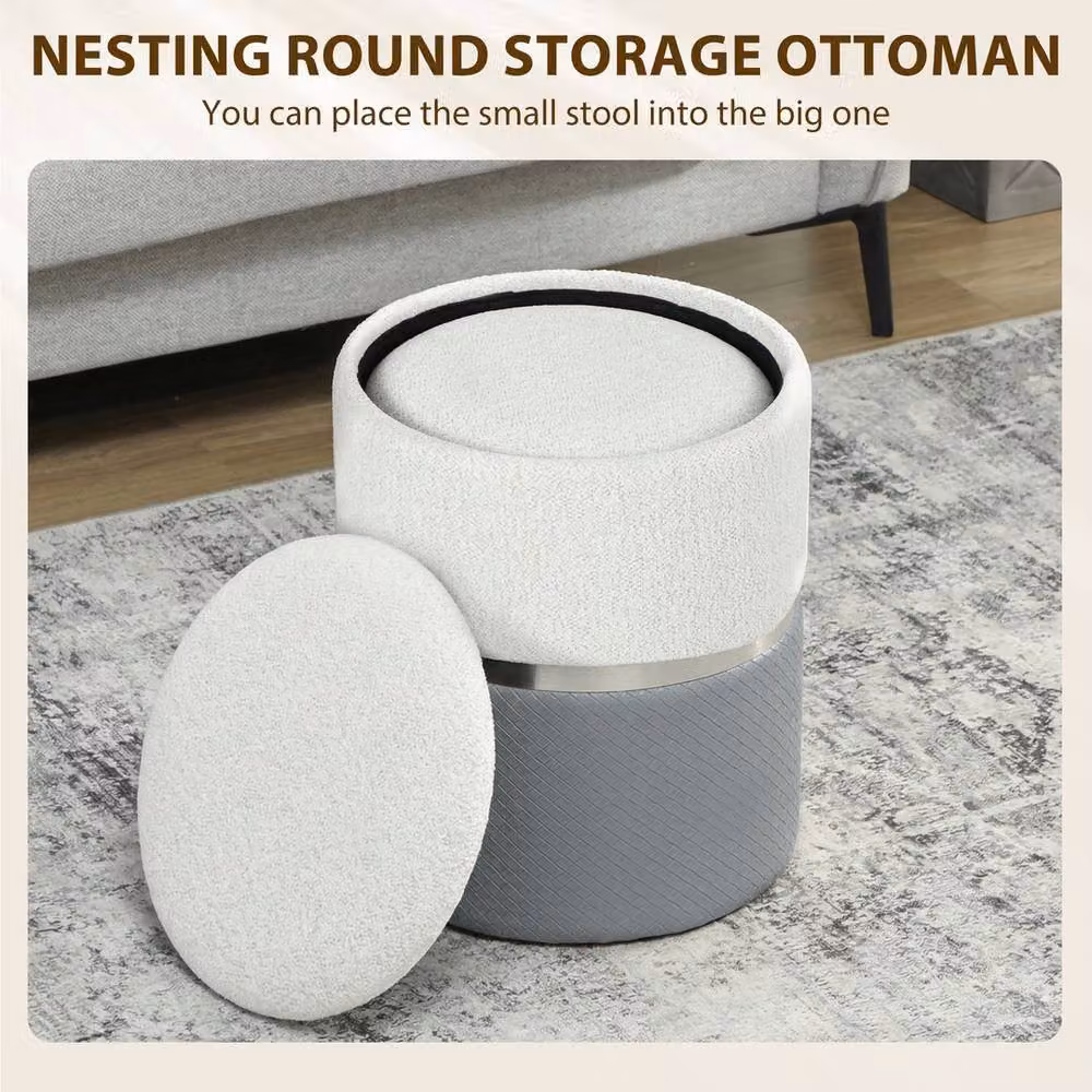 KORVIXA Set of 2 Round Storage Ottomans in Grey and Multicolour, W/D: 100 x 100 cm – 4