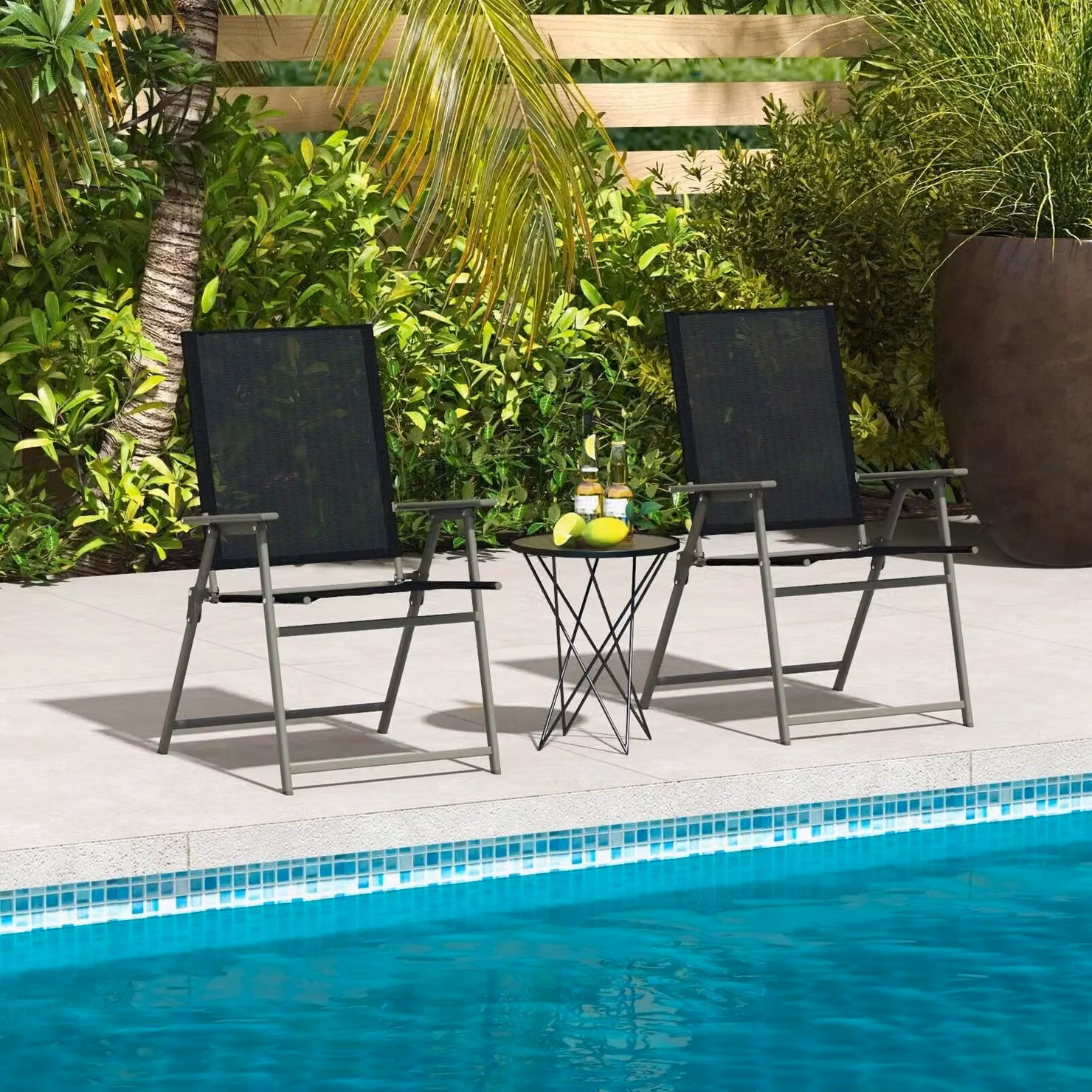 Costway 2 Piece Set of Black Folding Patio Chairs with Armrests and Textilene Fabric – 3
