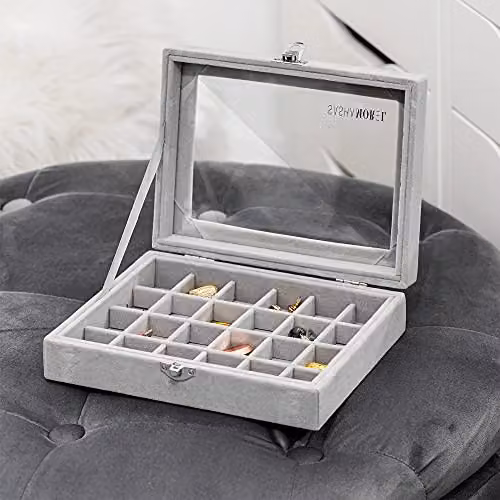 Sasha Morel 24 Slot Grey Velvet Jewellery Box with Glass Window and Lock – 2