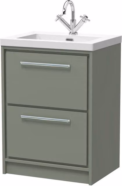 Balterley Modern Matt Green Fireclay Bathroom Floor Standing Basin with 2 Soft-Close Drawers, W: 60 cm, H: 84.5 cm, D: 42.5 cm