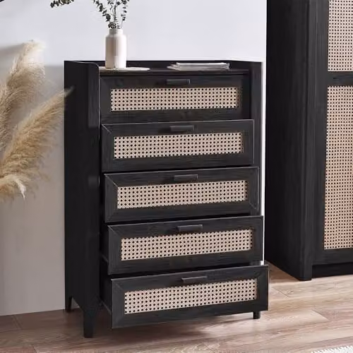 Julian Bowen Sydney 5 Drawer Chest of Drawers in Black with Rattan Detail, H: 114 cm, W: 80 cm, D: 41 cm – 2