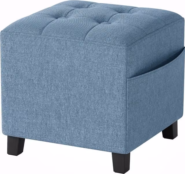 HOMCOM Small Square Ottoman Footstool with Side Pocket and Rubberwood Legs in Dark Blue