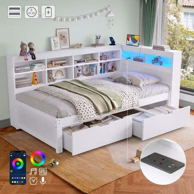 Matteo Single Daybed in White with Storage Drawers, LED Lighting and USB Charging Station, W/D/H: 190 x 90 x 93 cm