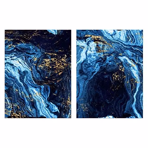 Artery8 Set of 2 Abstract Dark Blue and Gold Marble Unframed Wall Art Paper Posters, W: 21.0 cm, H: 29.7 cm