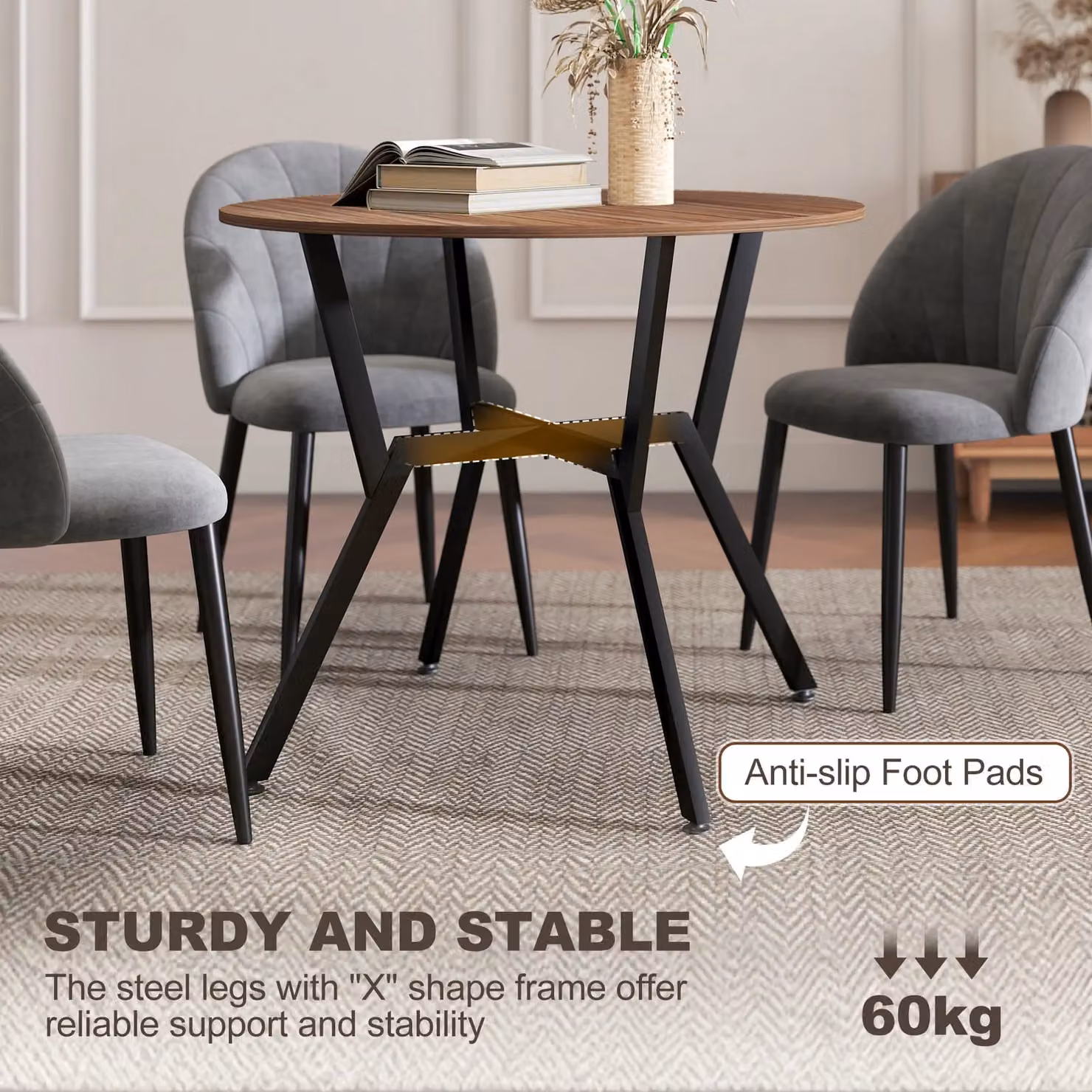 HOMCOM Industrial Round Dining Table with Wood Top and Steel Legs in Brown and Black – 5