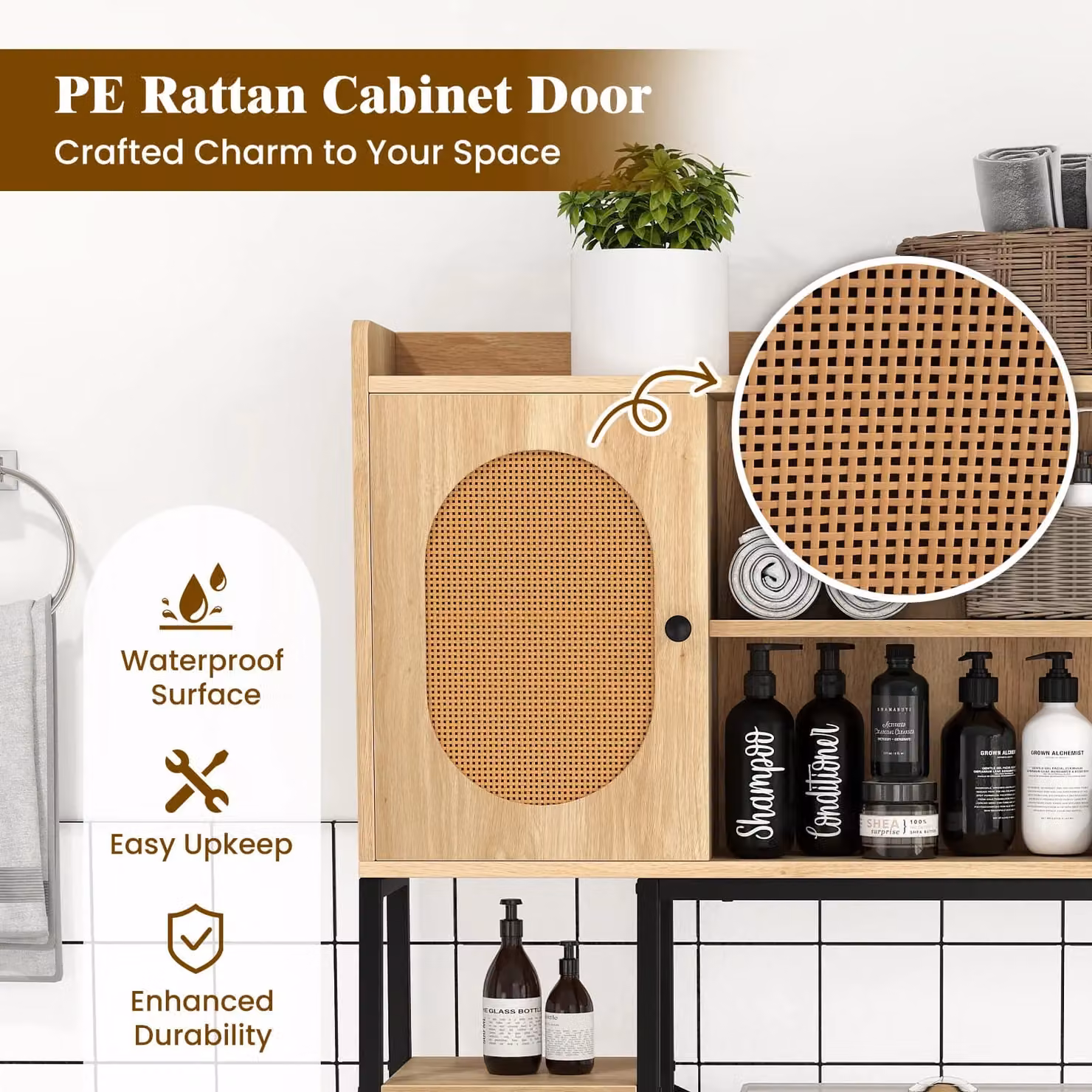 Costway Over The Toilet Storage Cabinet Bathroom Organizer with Rattan Details in Sand and Brown – 3