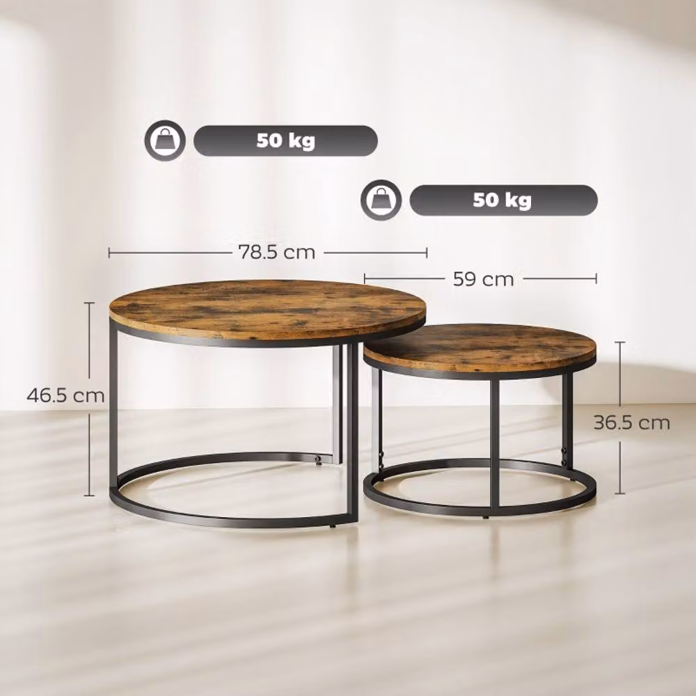 STILVORA Set of 2 Round Nesting Coffee Tables with Industrial Steel Frame in Rustic Brown and Black – 4