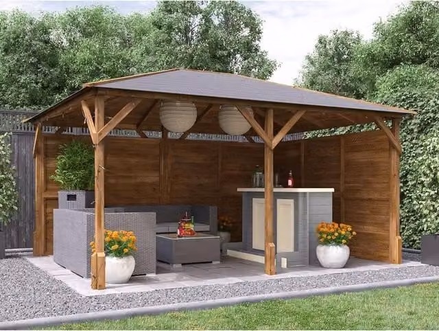 Dunster House Utopia Garden Bar Gazebo in Brown Wood, W: 400 cm, D: 300 cm