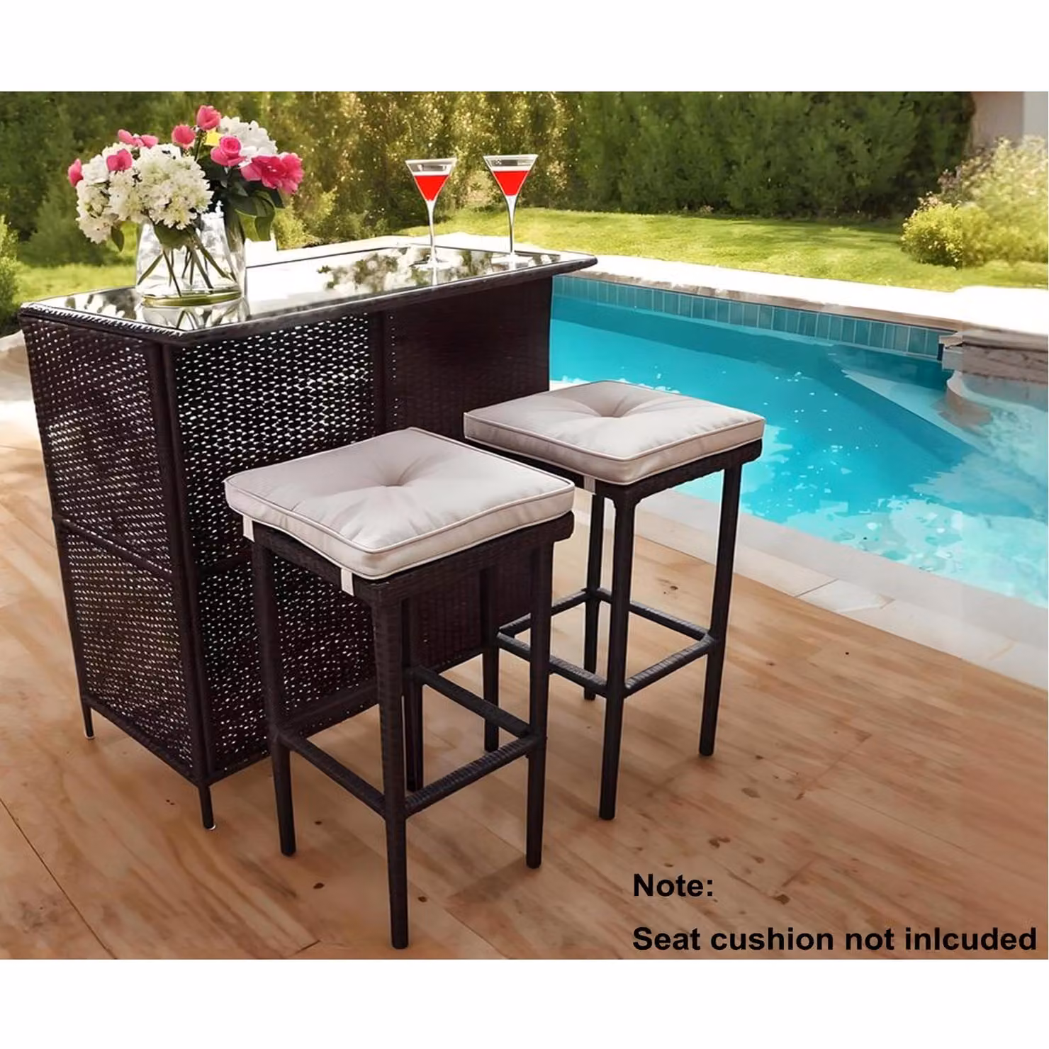 Gr8 Garden 3 Piece Rattan Wicker Bistro Set with Bar Table and 2 Stools in Brown – 2