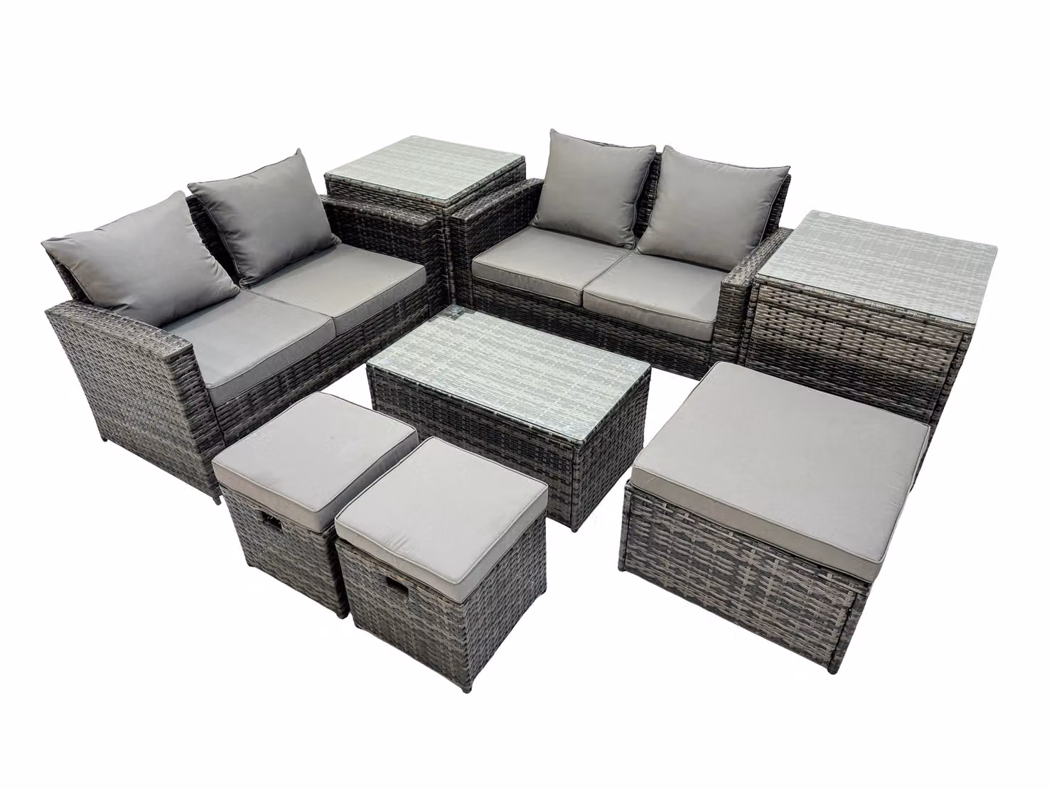 Fimous Lounge Outdoor Furniture Set in Dark Grey with 2-Seater Sofa, Coffee Table, 2 Side Tables and 3 Stools – 2