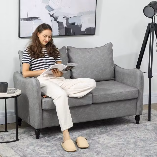 HOMCOM Modern 2 Seater Sofa in Grey Synthetic Leather