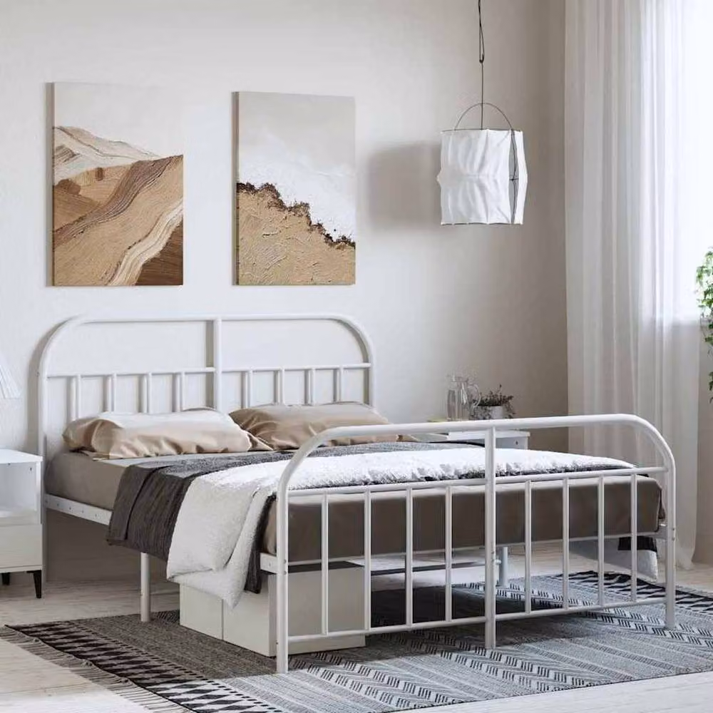 Berkfield Home Metal Bed Frame with Headboard and Footboard in White, W/D/H: 135 x 190 cm Double – 2