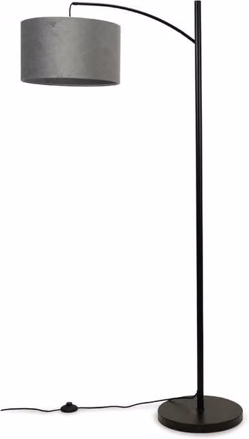 ValueLights Preto Black Metal Curved Floor Lamp with Grey Velvet Shade in Gold/Brass