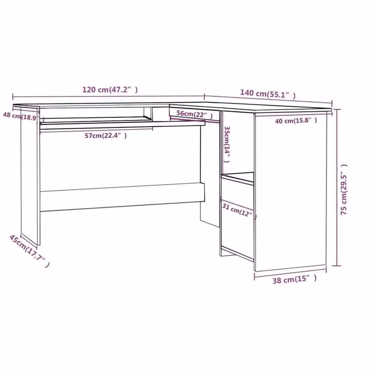 Berkfield Home L-Shaped Corner Desk in Concrete Grey, Engineered Wood, W/D/H: 120 x 140 x 75 cm