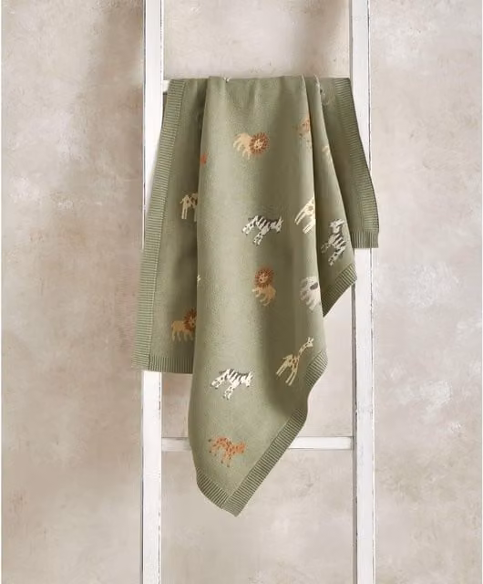 Mamas & Papas Knitted Jacquard Cotton Blanket in Safari Sage Green