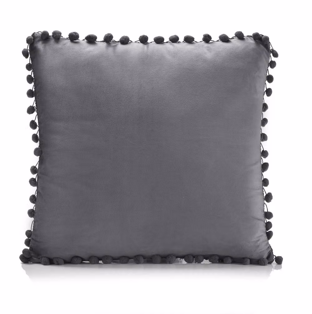 Luxor Living Set of 4 Square Velvet Cushions with Pom Trim in Anthracite Grey, W/D/H: 43 x 43 x 43 cm – 4