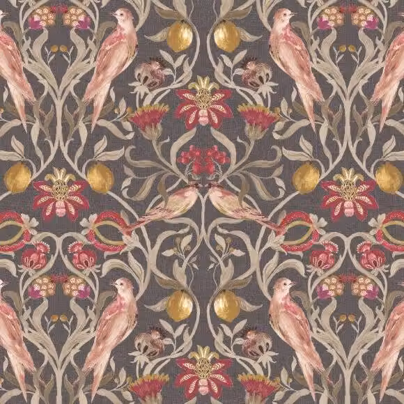 Edinburgh Weavers Songbird Floral Cotton Fabric in Charcoal Grey
