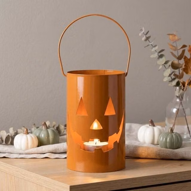 Garden Greatness Decorative Orange Metal Pumpkin Lantern with Handles for Autumn and Halloween