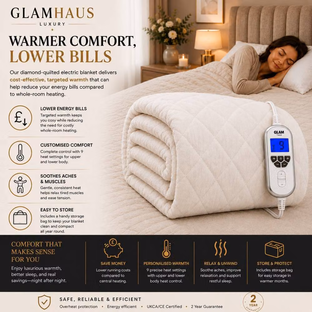 Glamhaus Single Fleece Electric Blanket in White with 9 Heat and 10 Timer Settings – 4