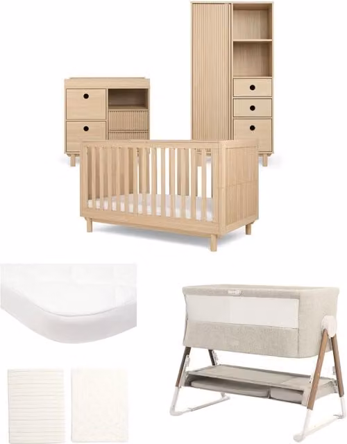 Mamas & Papas Oska Nursery Bundle with Lua Bedside Crib, 6 Pieces, Natural Oak and Beige