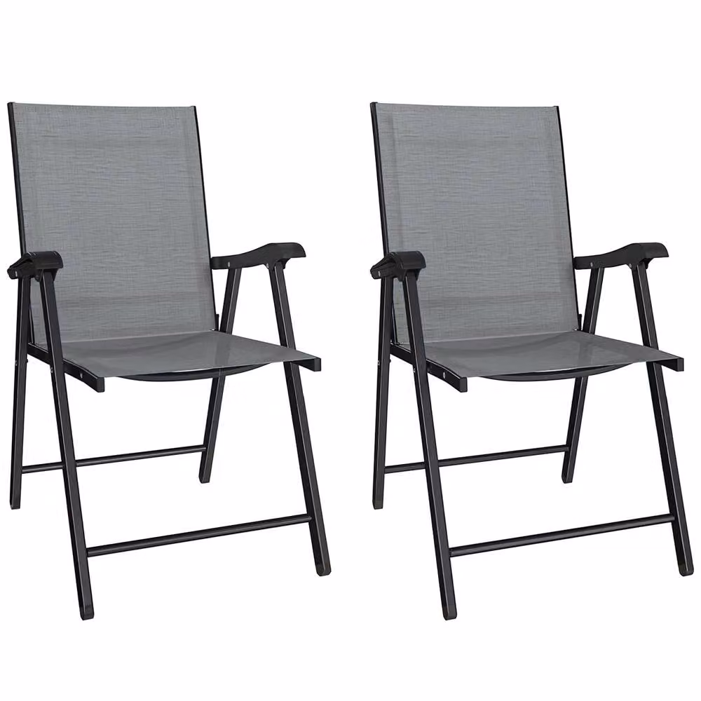 OUTSUNNY Set of 2 Folding Garden Chairs with Armrests in Grey – 2