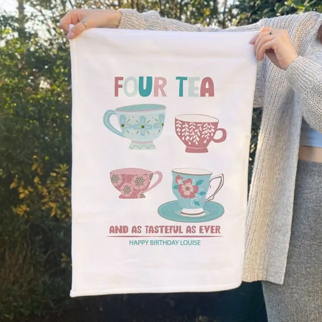 Afewhometruths Personalised Four Tea 40th Birthday Gift Tea Towel in White, W: 60 cm