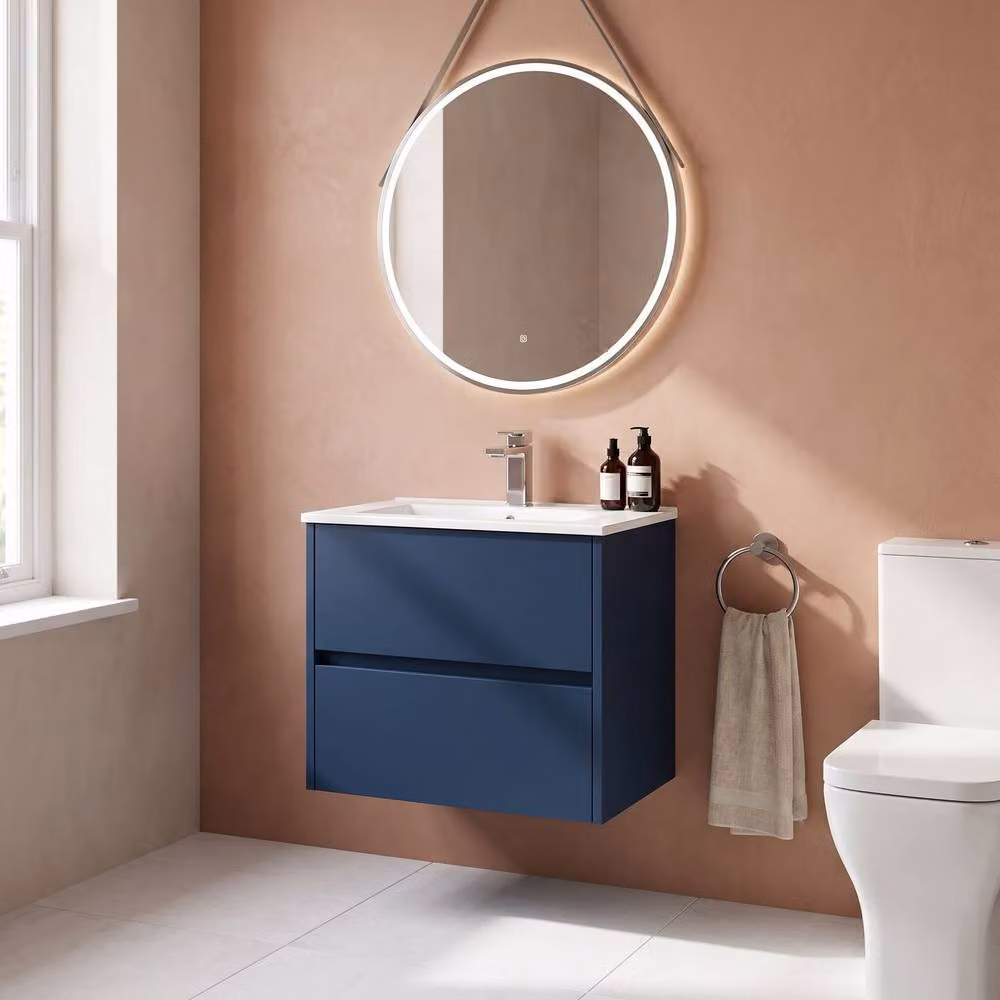 Balterley Modern Wall Mounted 2 Drawer Bathroom Vanity Unit with Basin and LED Lighting, Blue, W: 60.0 cm, D: 32.7 cm, H: 55.7 cm – 2