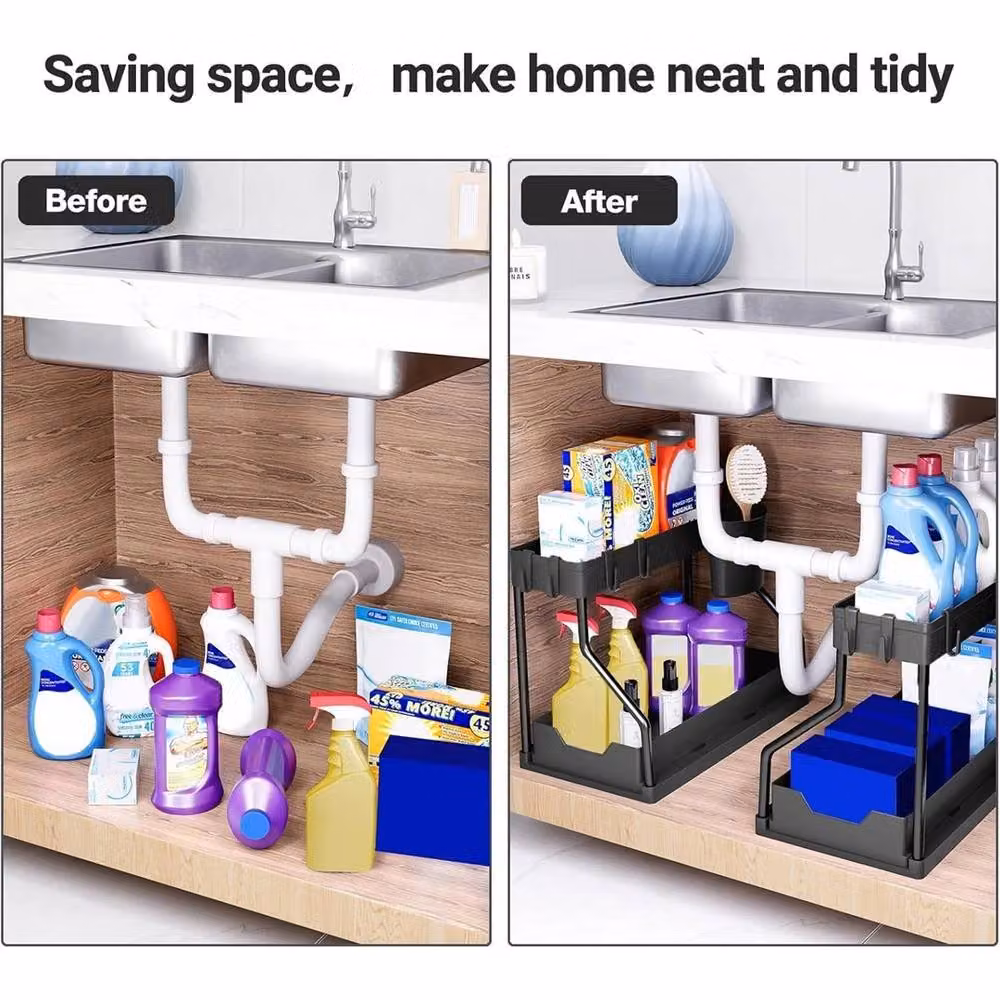 Nordara 2 Tier Under Sink Storage Organiser Pull Out Drawer Kitchen Shelf in Black – 4