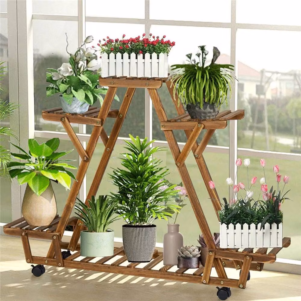 NESTLUNE Triangular 6-Tier Wooden Plant Stand in Brown, H 100 x W 15 x D 15 cm – 3