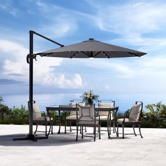 Komore Grey Round Cantilever Garden Parasol with Solar Lights