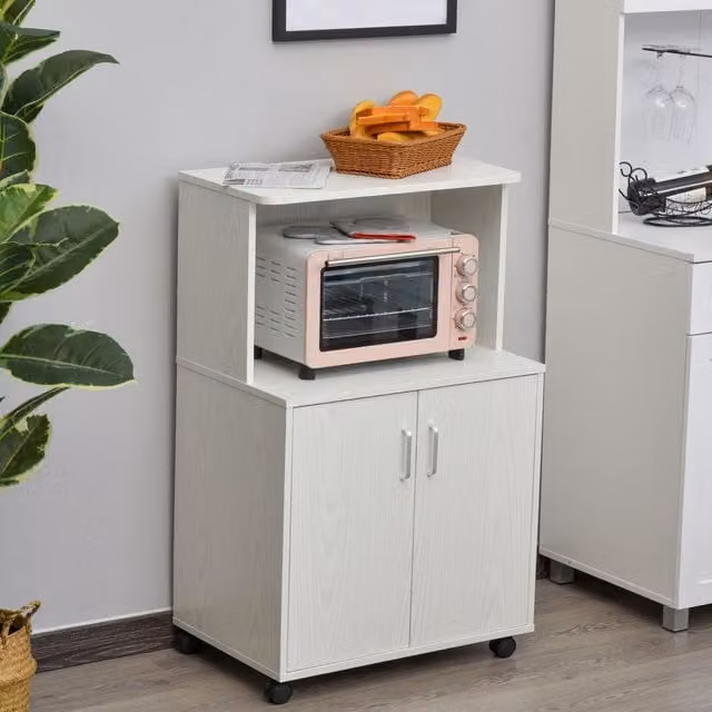 HOMCOM Modern White Microwave Cart on Wheels with 2-Door Cabinet and Storage Shelves