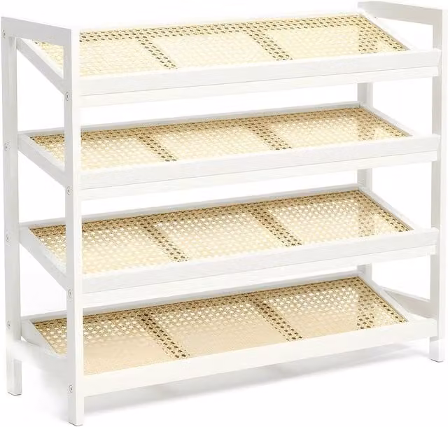Keplin 4 Tier Bamboo and Rattan Shoe Organiser Rack in White and Natural – 1