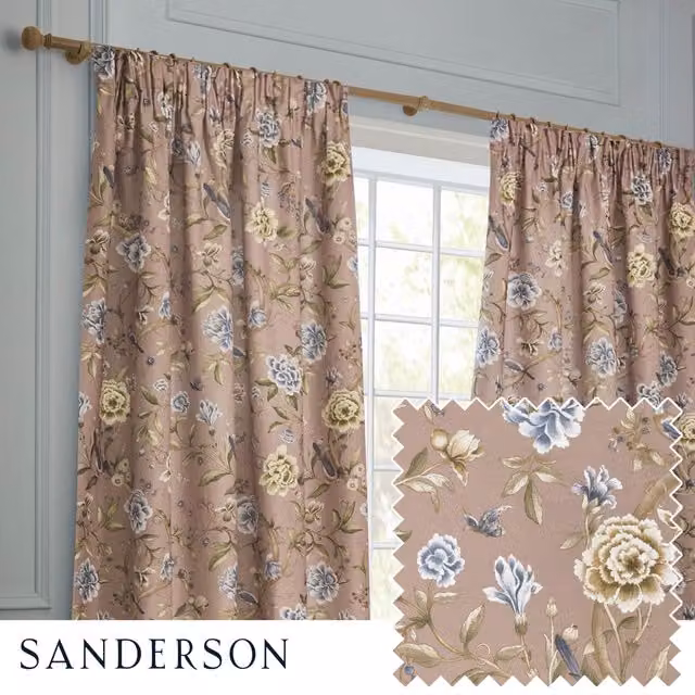 Sanderson Porcelain Garden Floral Printed Chenille Pencil Pleat Curtains in Pink, Width: 117 cm, Drop: 137 cm