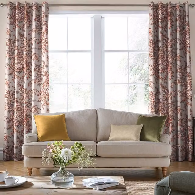 Laura Ashley Picardie Made to Measure Floral Velvet Eyelet Curtain Panel in Embers Red and Multicolour